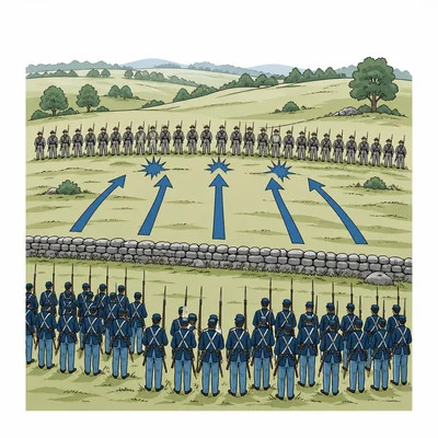 Simplified battlefield diagram with opposing Civil War lines and arrows showing an advance being stopped.