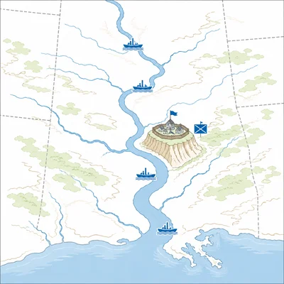 Map-style diagram of a major winding river controlled by Union forces near a fortified bluff town.