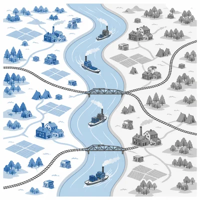 Strategic map showing a major river used for transport and dividing territory during the Civil War.