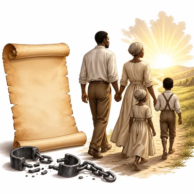 A parchment, broken shackles, and a family walking into sunlight symbolize emancipation.