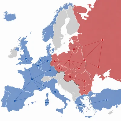 Unlabeled Europe map showing western and eastern Cold War alliance blocs in different colors.