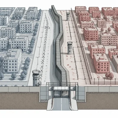 Diagram of a divided city with a wall, guard towers, and checkpoint symbolizing Berlin.