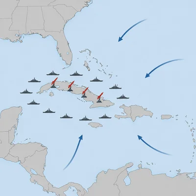Unlabeled Caribbean map showing Cuba, missile sites, and a naval blockade.