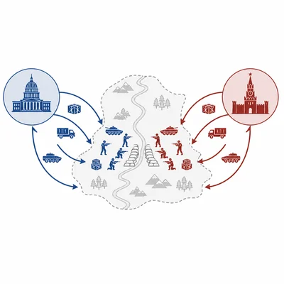 Diagram showing two major powers supporting opposing smaller groups in a proxy conflict.
