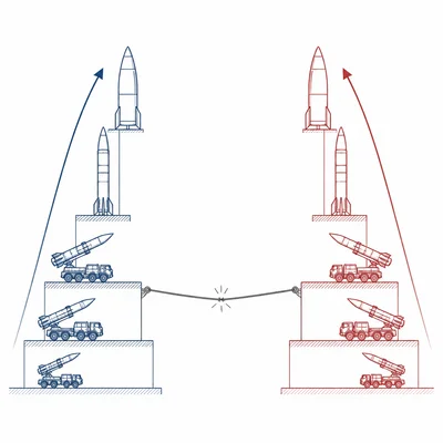 Diagram of two opposing missile stockpiles escalating during an arms race.
