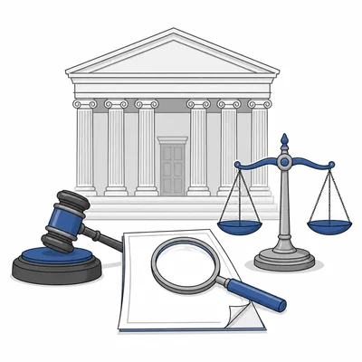 Court, scales, and document under magnifying glass representing judicial review.