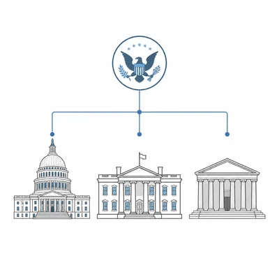 Three government building icons representing the branches of federal government.