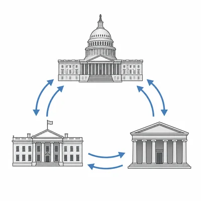 Three government branches connected by arrows showing checks and balances.