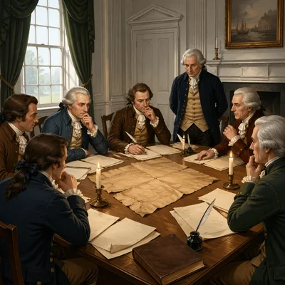 Delegates meet around a table with cracked parchment papers, representing the Constitutional Convention.