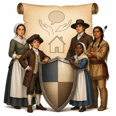 Citizens stand beside a shield and parchment, symbolizing protection of rights in the Bill of Rights.