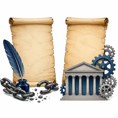 Two parchments with symbols show the Declaration of Independence and the Constitution as different documents.