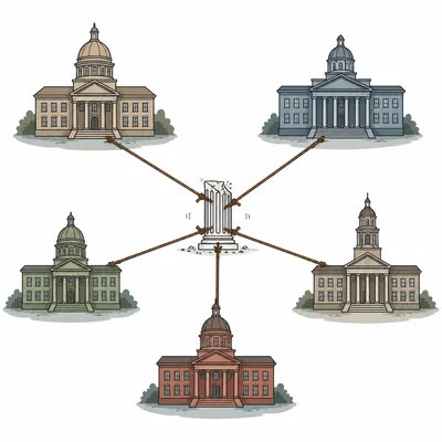 State buildings pull away from a fragile central column, showing a weak national government.