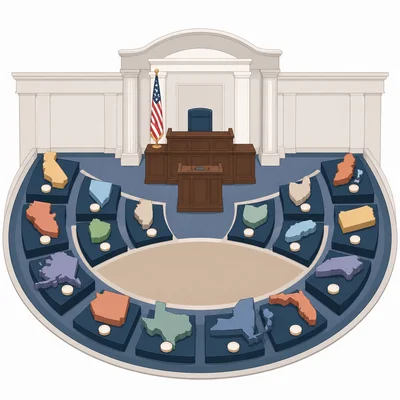 States of different sizes have equal seats, representing the New Jersey Plan.