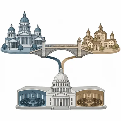 A bridge connects large and small states to a two-chamber government building, symbolizing the Great Compromise.