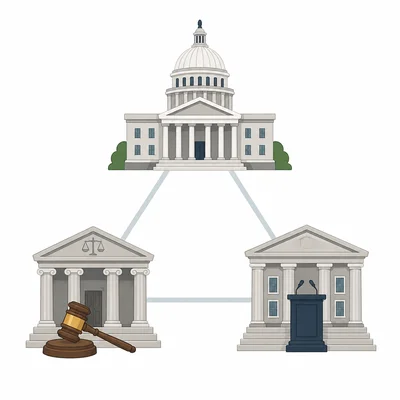 Three connected government pillars represent separation of powers among branches.