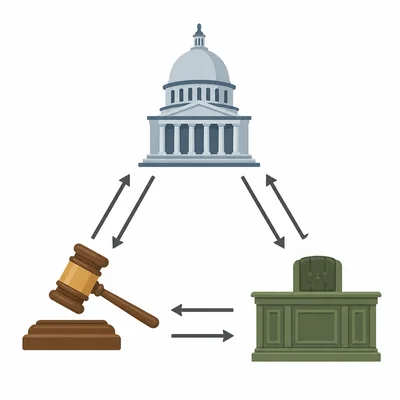 Three branch symbols with arrows between them represent checks and balances.