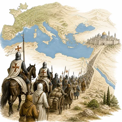 Medieval crusaders travel across a map-like landscape toward a walled city in the eastern Mediterranean.