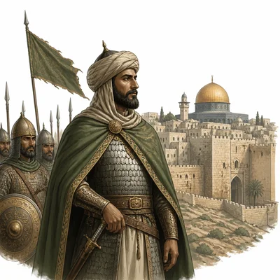 Saladin stands as a medieval Muslim leader with soldiers and a walled city behind him.