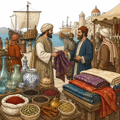 Medieval merchants trade spices, silk, glassware, and ceramics near a harbor.