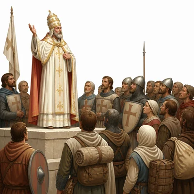 A medieval pope addresses a crowd of knights and townspeople.