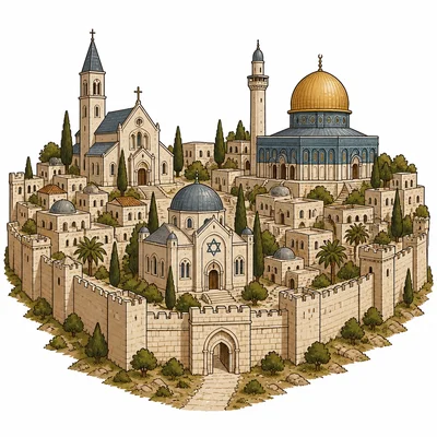 A walled Jerusalem cityscape includes Christian, Muslim, and Jewish places of worship.