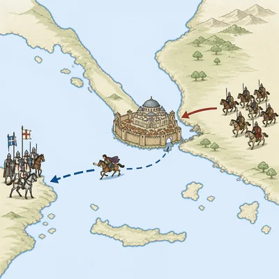 A messenger travels from Constantinople toward western knights while enemies approach from the east.