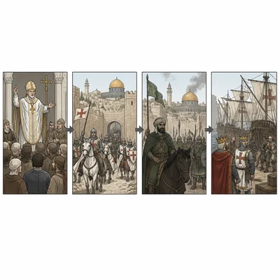Four scenes show major Crusades events in sequence: speech, capture of Jerusalem, recapture, and new expedition.