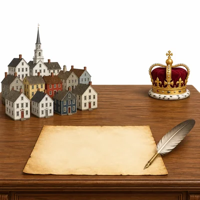 A blank parchment and quill with colonies shown separated from a royal crown.