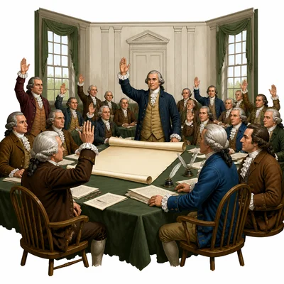 Colonial delegates gathered in an assembly approving a document.