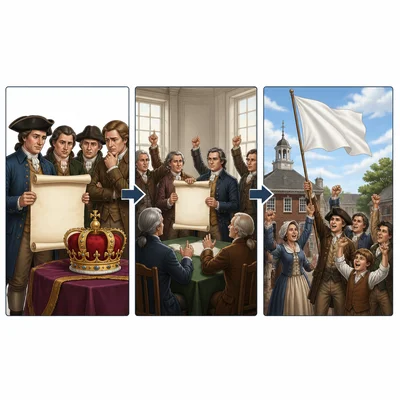 Three scenes showing complaints, approval of a document, and independence.