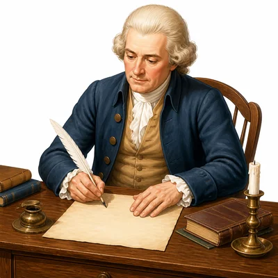 Thomas Jefferson writing with a quill at a desk.