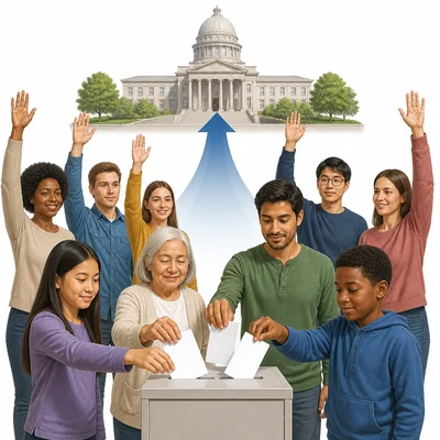 Citizens voting and raising hands to choose a leader.