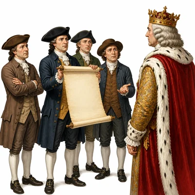 Colonists holding a blank complaint scroll before a crowned king.