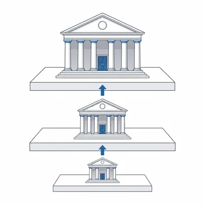 A three-level courthouse hierarchy with arrows pointing upward.