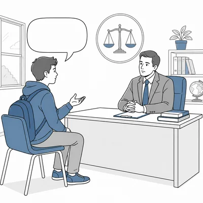A student meeting with a school administrator with a blank speech bubble and justice scale.