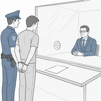 An arrested person separated from a lawyer and legal document.