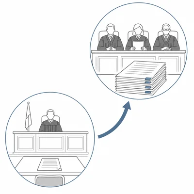 A case moving from a trial court to an appellate panel for review.