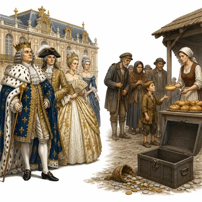 A split scene showing wealthy French elites and struggling common people with an empty treasury.