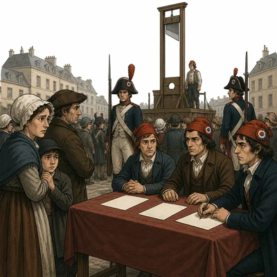 A somber Revolutionary-era square with a guillotine and worried citizens.