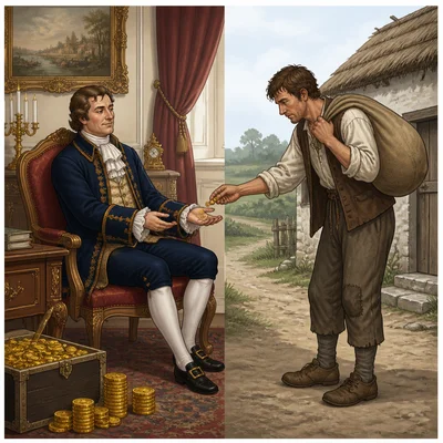 A split scene comparing a privileged noble with a heavily burdened peasant.