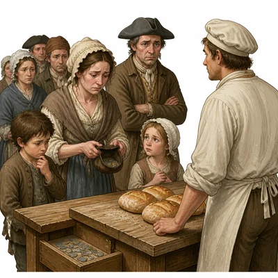 Worried people wait to buy scarce bread with only a few coins.