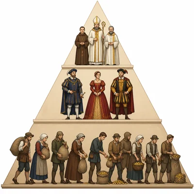 A three-level social pyramid showing clergy and nobles above many common people carrying taxes.