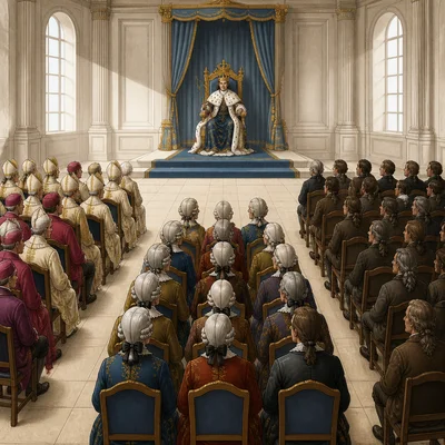 A formal Estates-General meeting with the king facing clergy, nobles, and common representatives.
