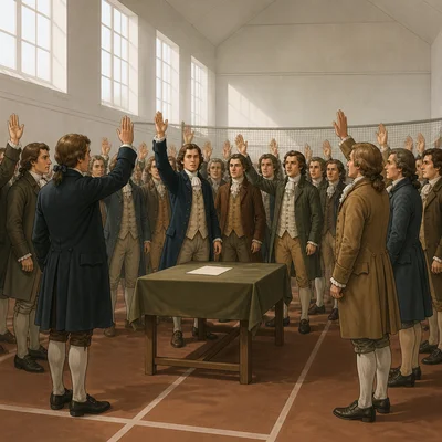 Representatives raise their hands together during the Tennis Court Oath.