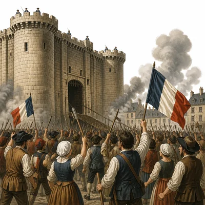A crowd storms a stone fortress representing the Bastille.