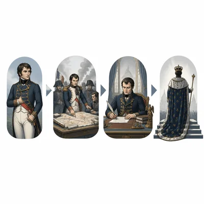 A sequence shows Napoleon progressing from military officer to commander, statesman, and emperor.