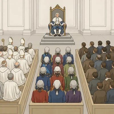 A king faces three separate groups representing clergy, nobles, and common citizens in an assembly.