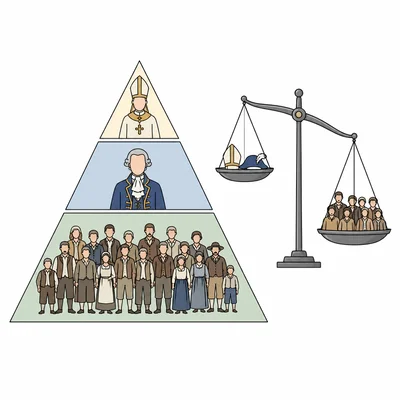 A social pyramid shows clergy and nobles above a much larger group of common people, with a scale showing unequal burden.