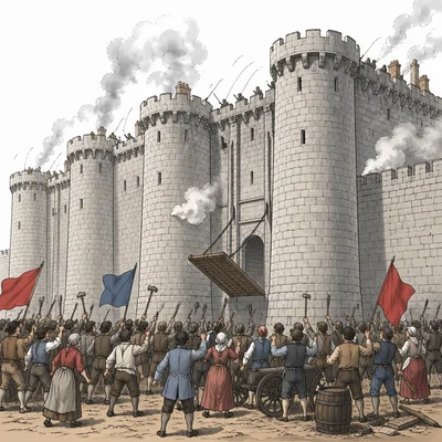 A crowd gathers outside a stone fortress with towers during the storming of the Bastille.