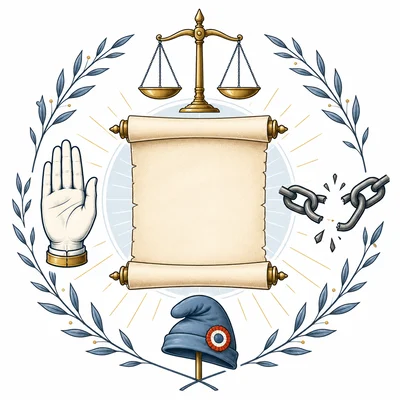 A blank parchment is surrounded by symbols of rights, equality, freedom, and justice.